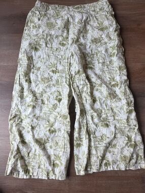 Rachel Zoe 100% Linen Wide Leg Tropical Safari Green Flowy Lion Tiger Pants XL